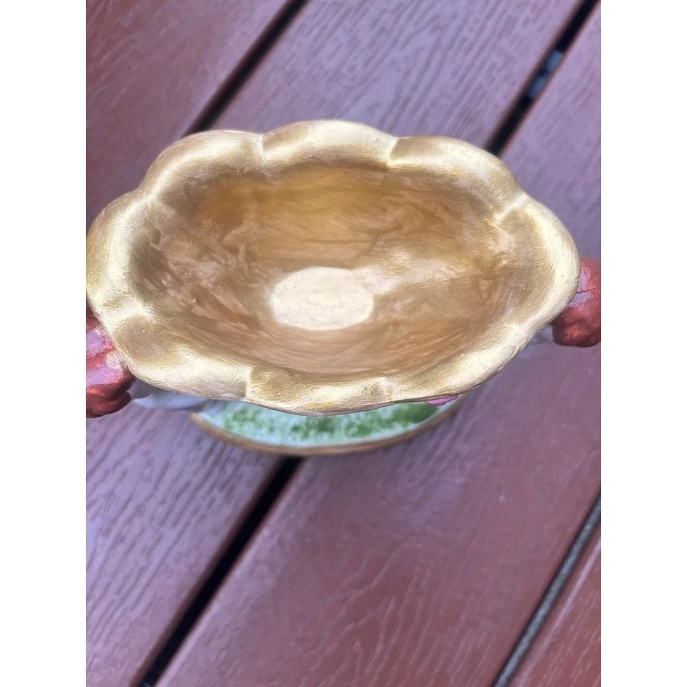 Vintage Style Hand Painted Ceramic Cherub Compote Trinket Bowl Gold Pink Roses